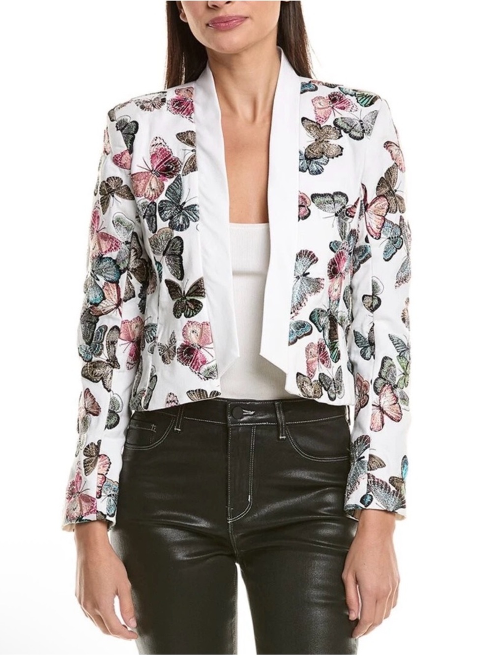 L’AGENCE Butterfly Print Cropped Jacket Blazer White Embroidered Size 0